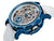 Mechanical watch with skeleton dial with blue case and blue crown