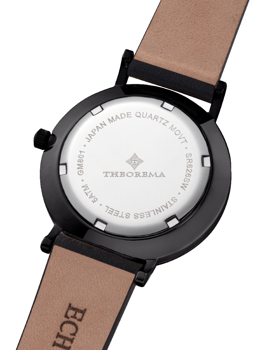 Stainless steel case sealed for 5 ATM with Theorema logo engraved in the middle. Japan Quartz movement.