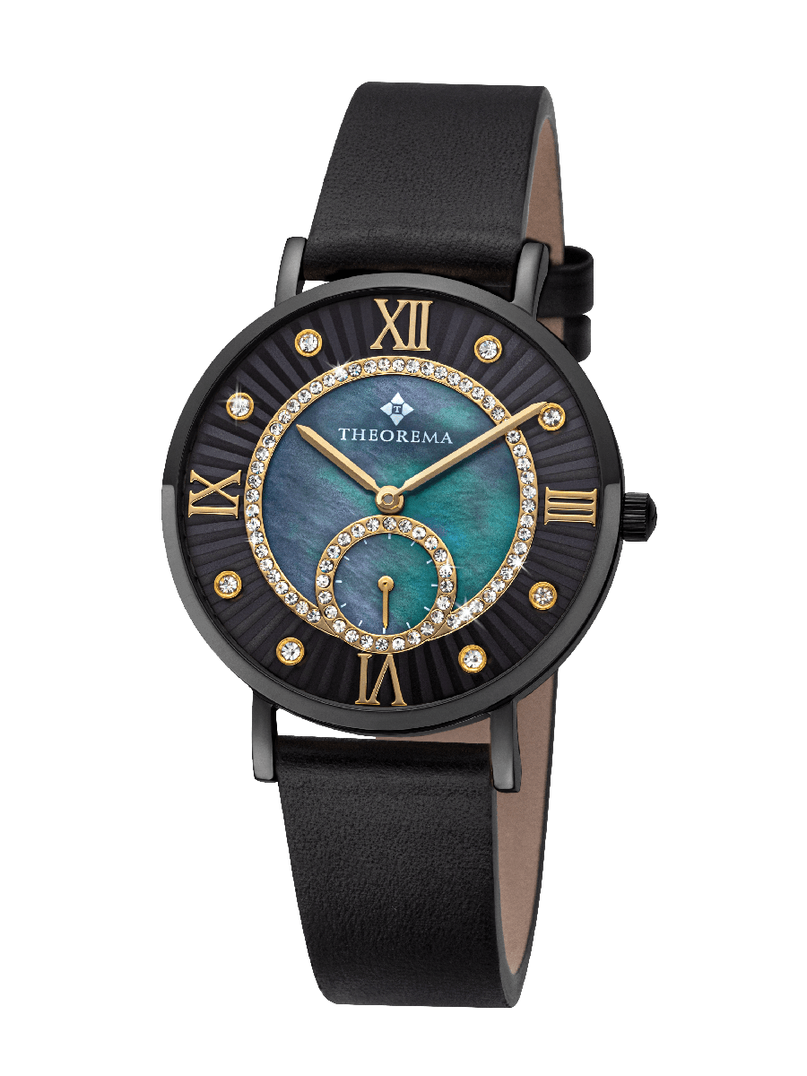 Theorema wristwatch with intricate black casing, accented by a blue and green opalescent dial.