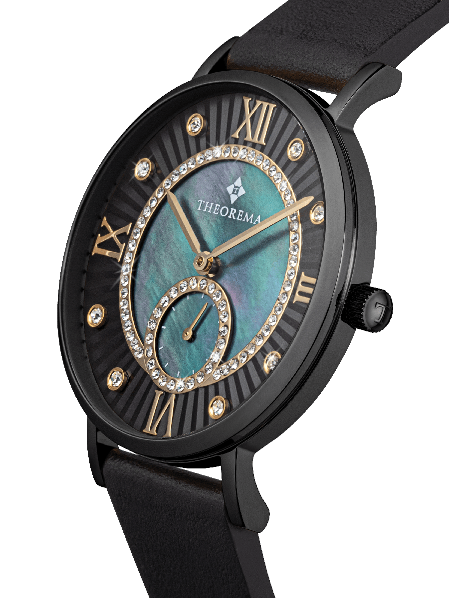 Side angle of a Theorema ladies’ watch showing crown detail, black strap, and glimmering face.