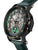 Mechanical watch with skeleton dial with black case and green crown