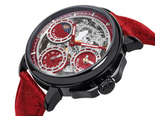 Red leather, black case, see through movement with black crown.