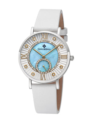 Elegant wristwatch featuring a shimmering aqua blue face, crystal embellishments, and white leather strap.