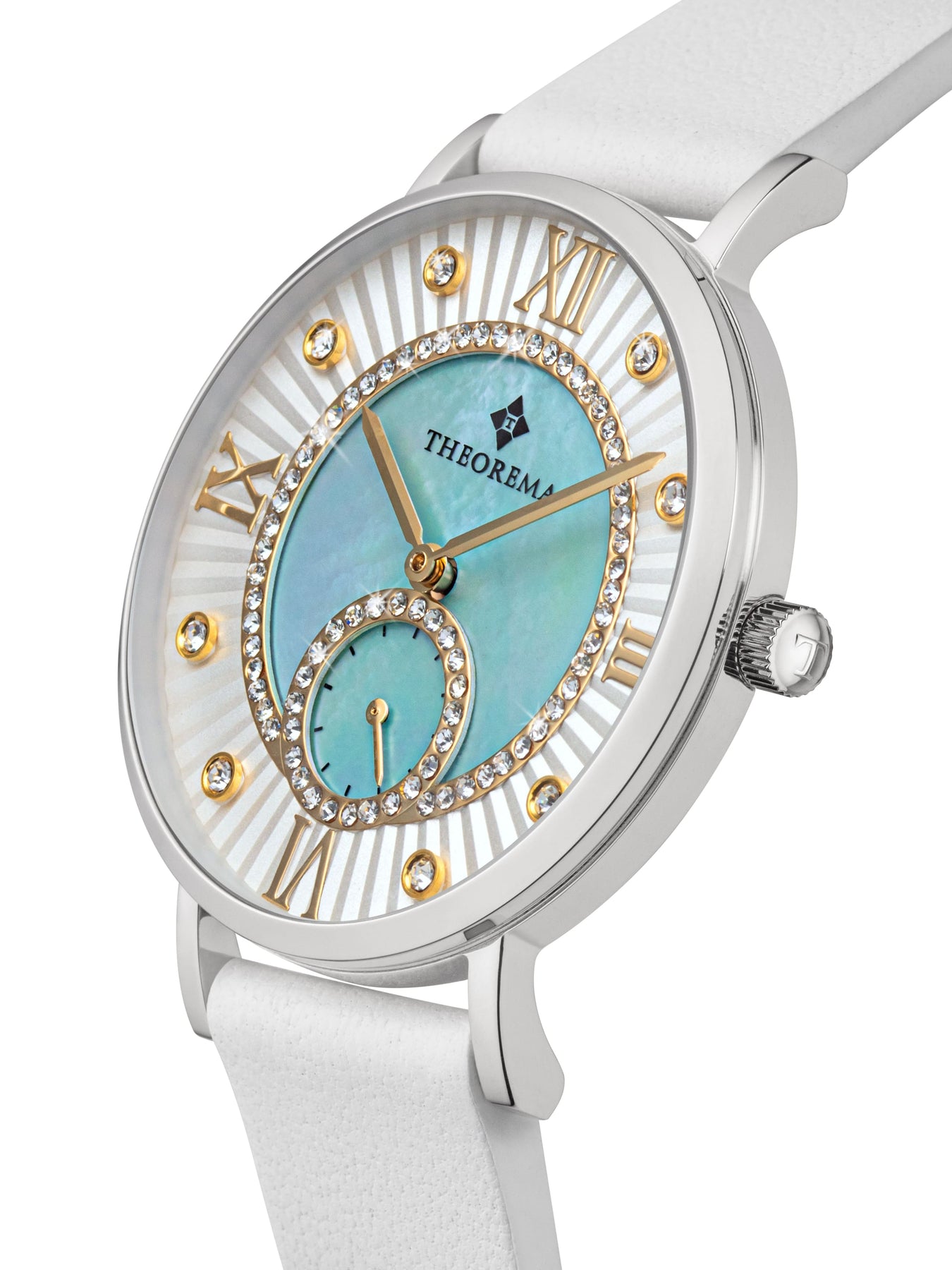 Close-up of a Theorema women’s watch with a turquoise mother-of-pearl dial and crystal detailing.