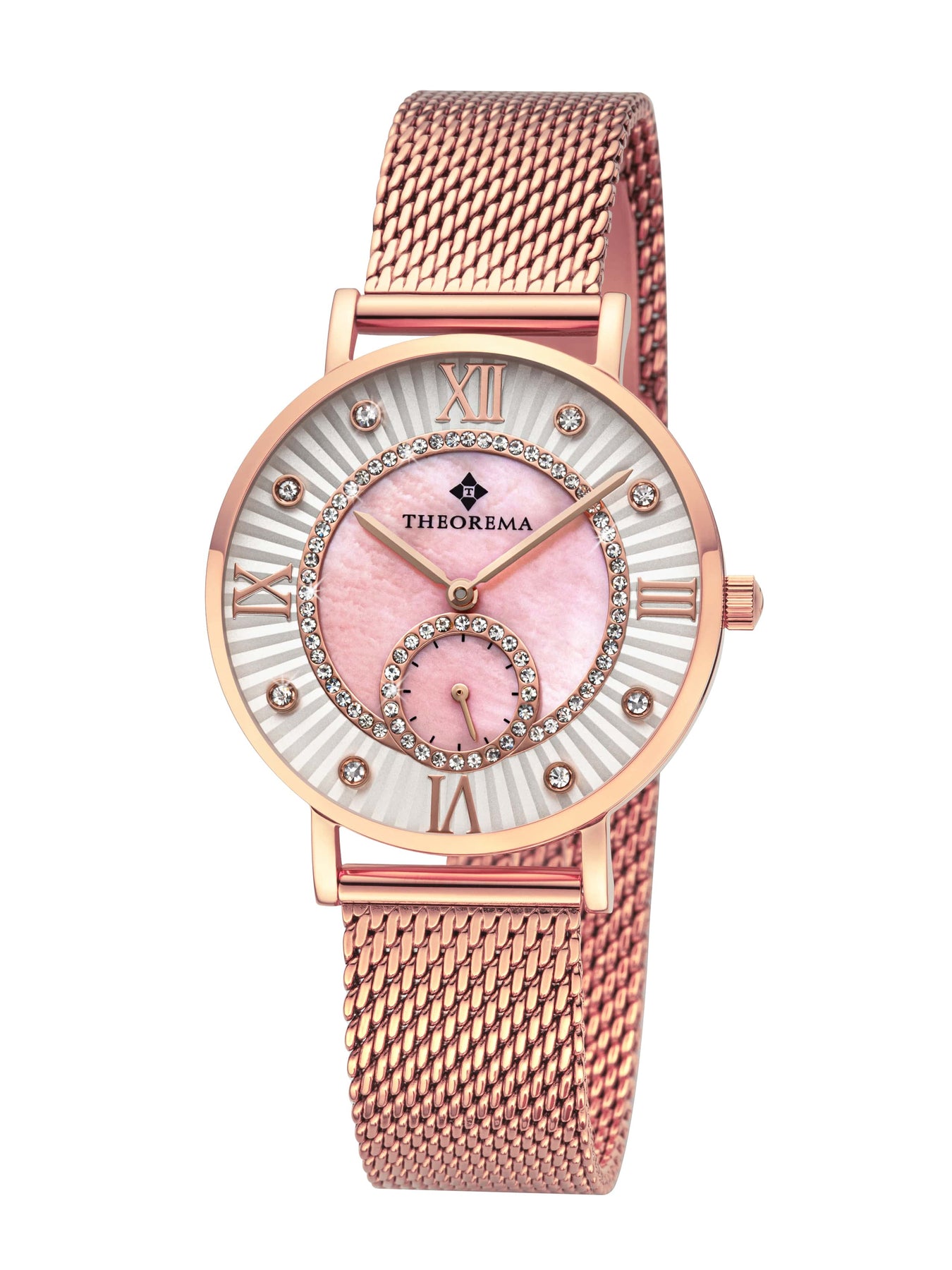 Designer ladies’ watch in rose gold with pink hues and classic Roman numeral markers.