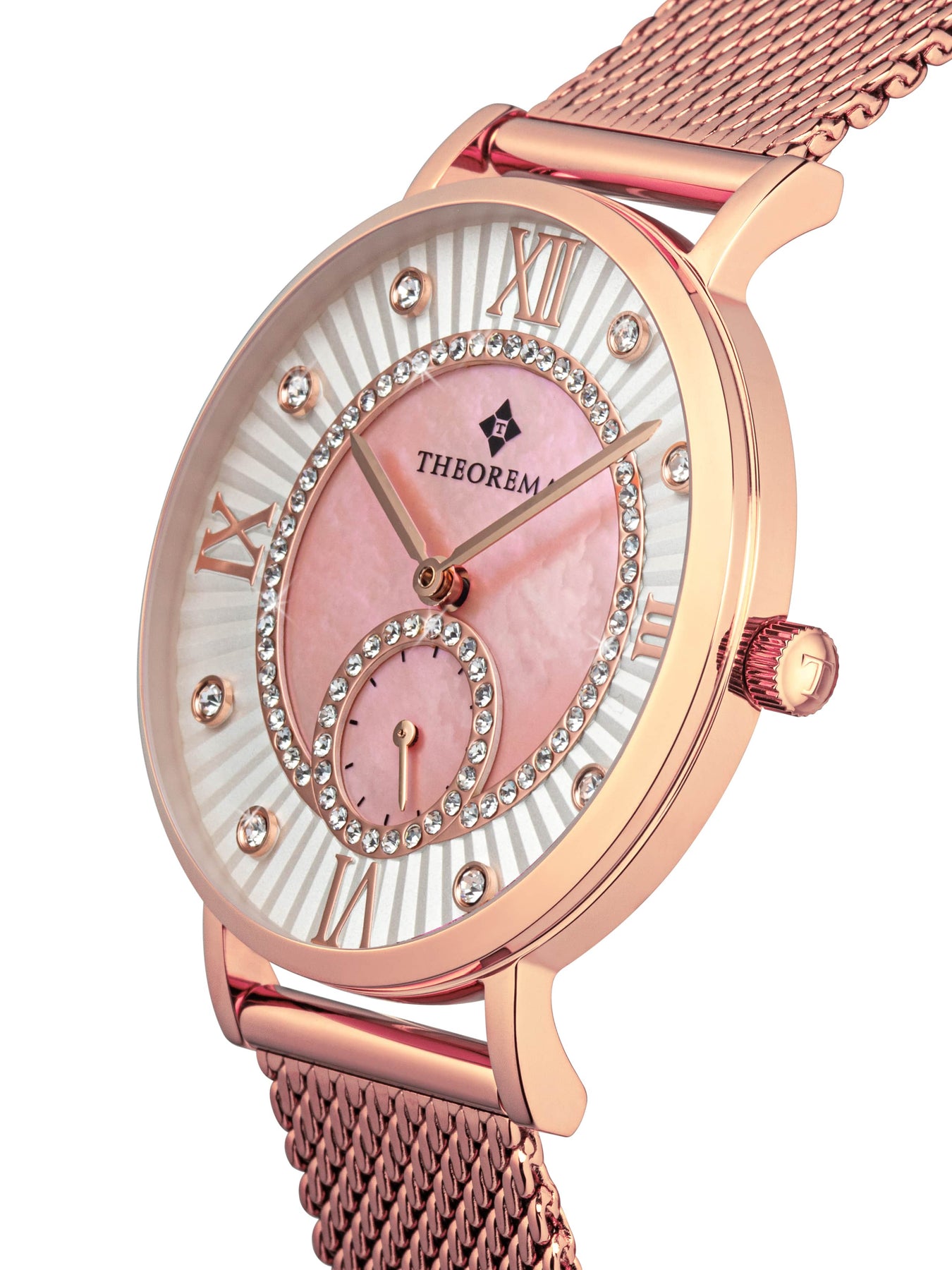 Theorema watch with a pink crystal-adorned dial and elegant mesh band in rose gold tone.