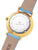 Watch with gold case, beige strap, and blue accents on a white background