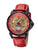 Black case, red leather band, with black crown and skeletonized dial.