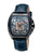 Silver dial in a see through design with skeletonized hands and Roman numerals.