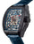 Black case with black crown engraved with letter T and a black case with blue leather band.
