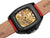 Stainless steel case with black color and 5 ATM and sapphire glass to see the open back of the watch.