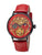 Gold skeletonized dial with black case and red bezel along a red leather band.