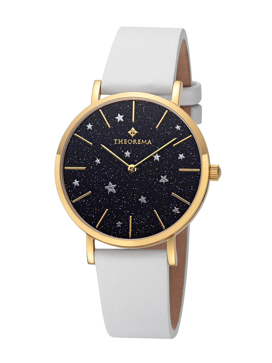 The genuine leather bracelet is white in color with a midnight blue dial face and an all-powder star design.