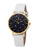 The genuine leather bracelet is white in color with a midnight blue dial face and an all-powder star design.