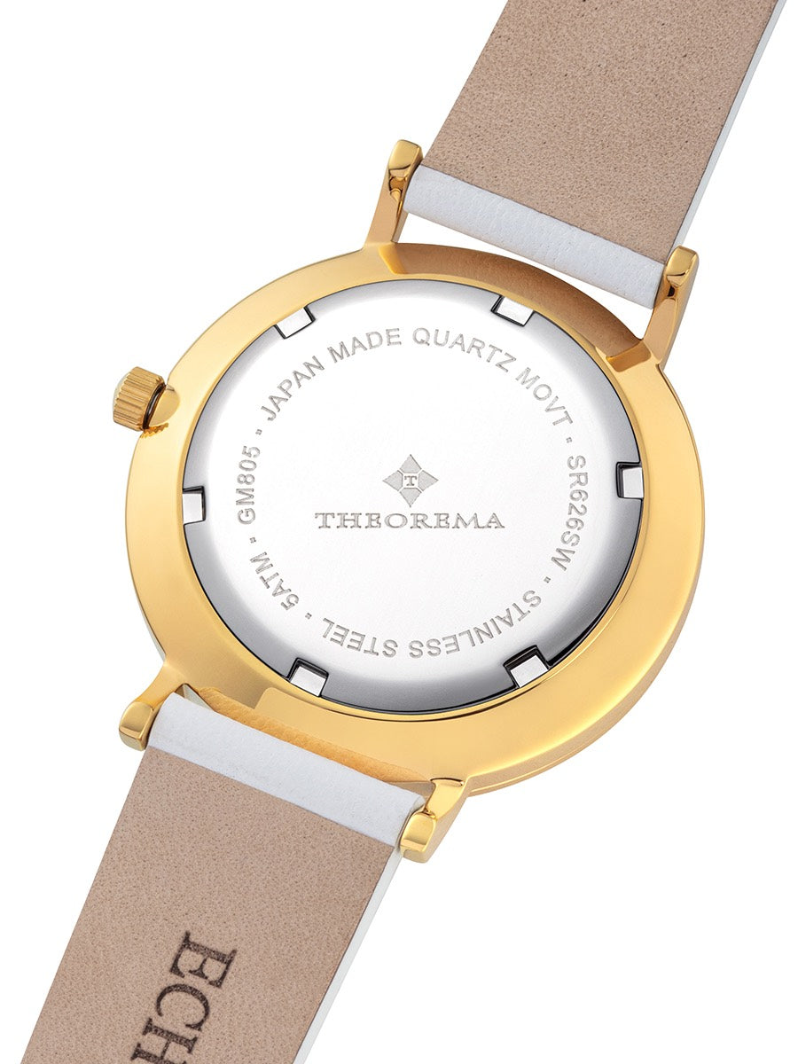 Stainless steel case sealed for 5 ATM with Theorema logo engraved in the middle. Japan Quartz movement.