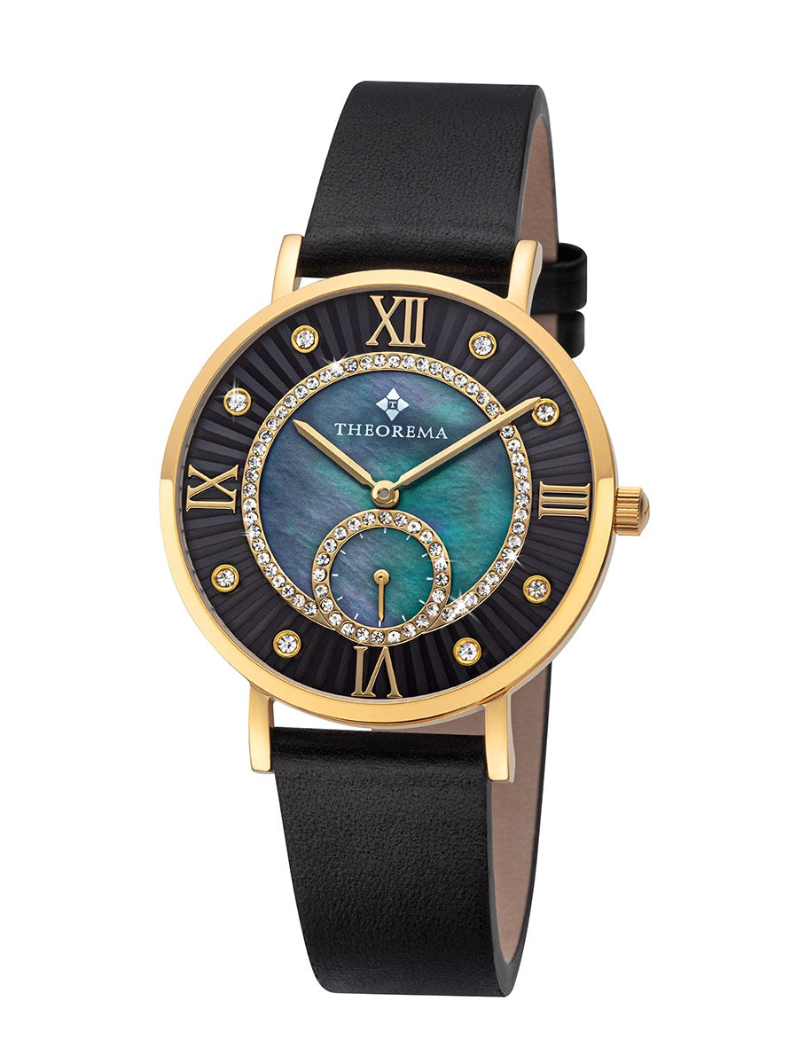 Theorema wristwatch with intricate gold casing, accented by a blue and green opalescent dial.
