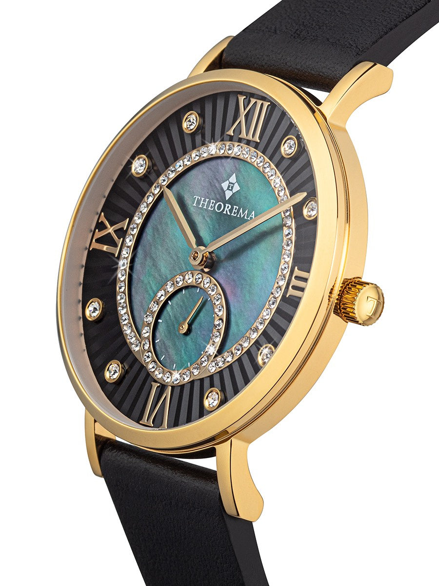 Side angle of a Theorema ladies’ watch showing crown detail, black strap, and glimmering face.