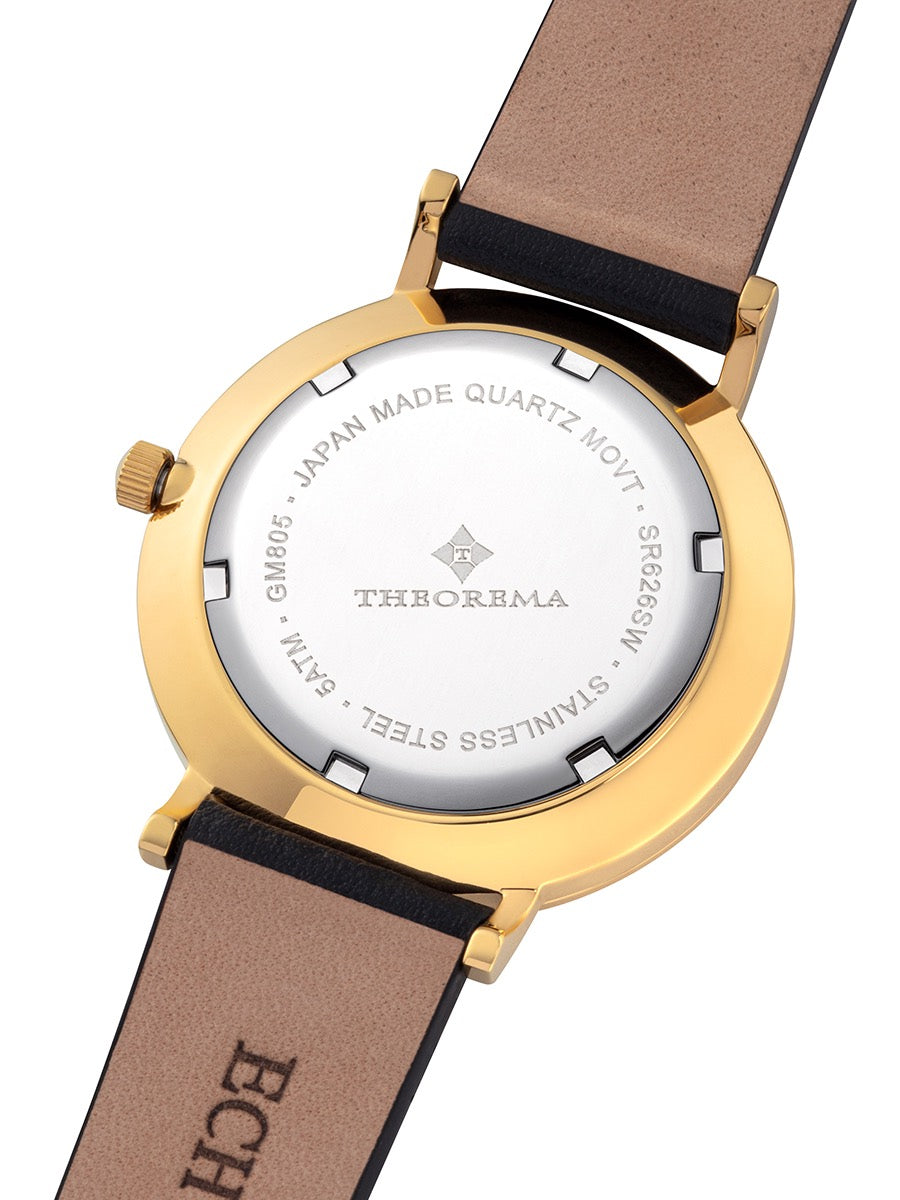 Stainless steel case sealed for 5 ATM with Theorema logo engraved in the middle. Japan Quartz movement.