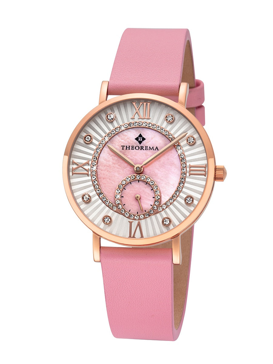 Refined women’s watch showcasing a sea-pink dial surrounded by crystals and pink index points.