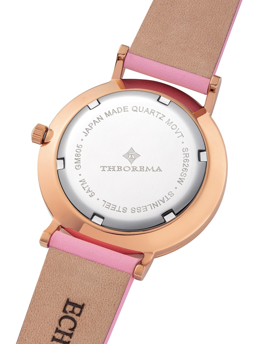 Stainless steel case sealed for 5 ATM with Theorema logo engraved in the middle. Japan Quartz movement.