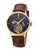 Black dial with gold case color and a pumpkin shape crown along the brown genuine leather.
