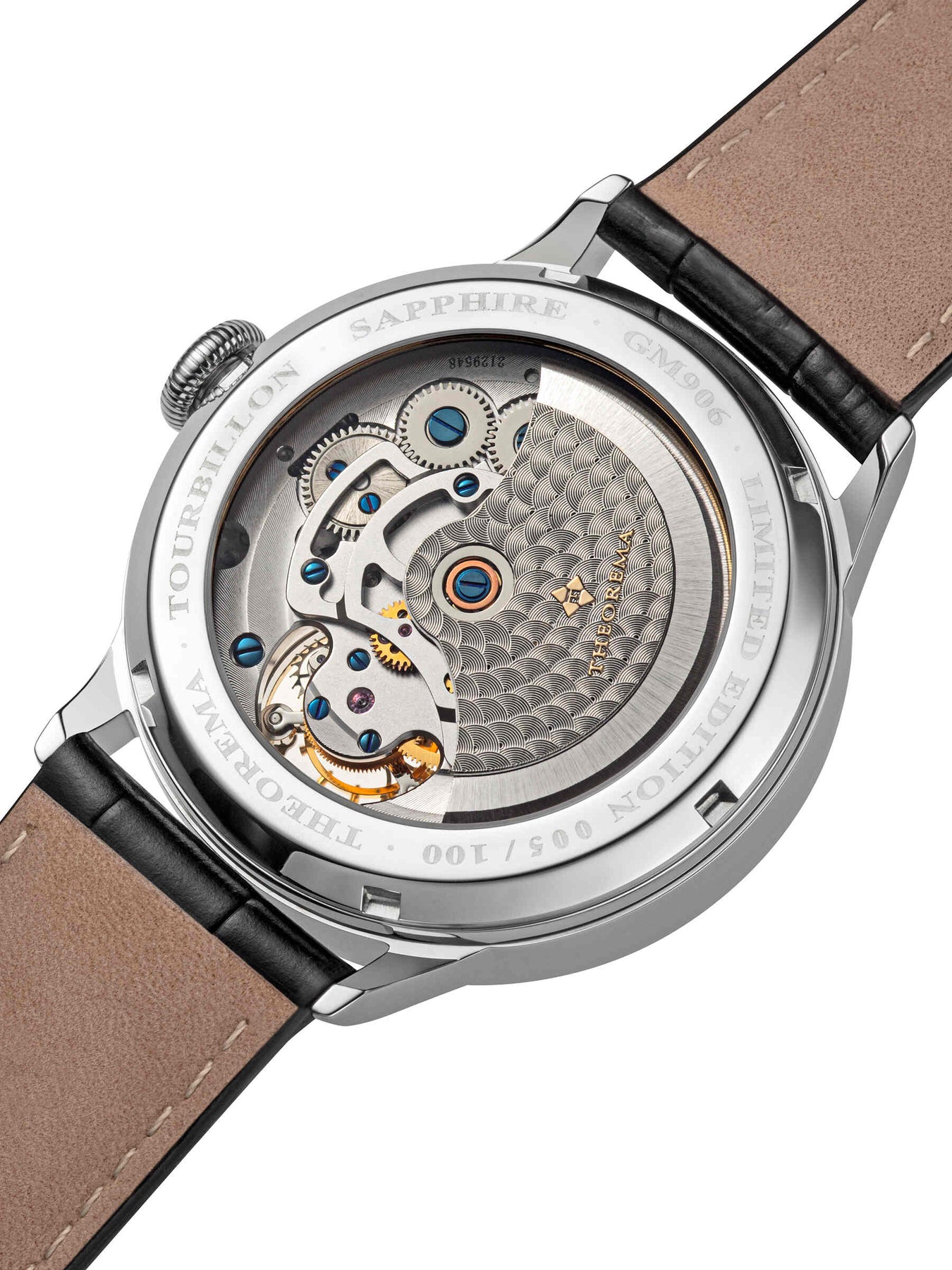 Open back with perlage carvings on the automatic rotor. Fully open back with sapphire to allow the view of the gears.