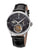 Black dial with silver case color and a pumpkin shape crown along the brown genuine leather.