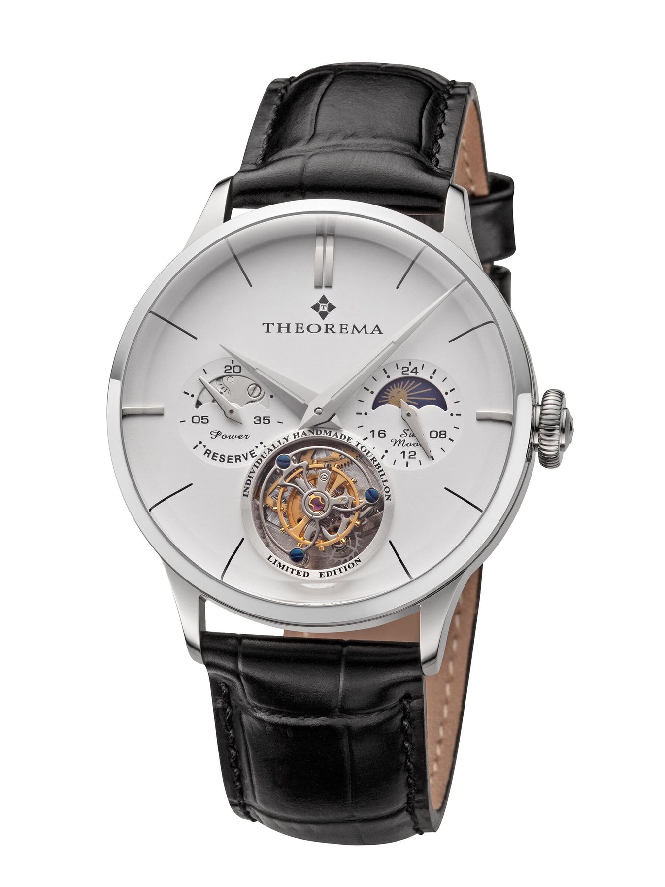 White dial with silver case color and a pumpkin shape crown along the brown genuine leather.
