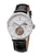 White dial with silver case color and a pumpkin shape crown along the brown genuine leather.
