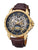 Gold case, brown leather band, with gold crown and skeletonized dial.