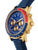 Blue dial with 3 sub dial design in a gold case and blue leather band.