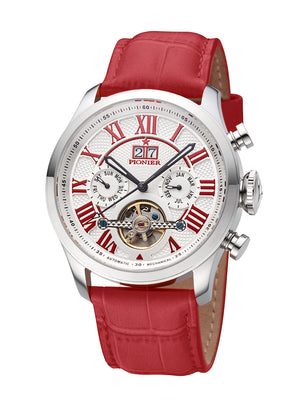 White dial with Roman numerals with silver case.