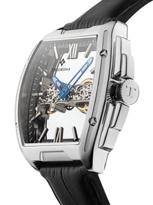 Silver case with silver crown button and a genuine black leather band.